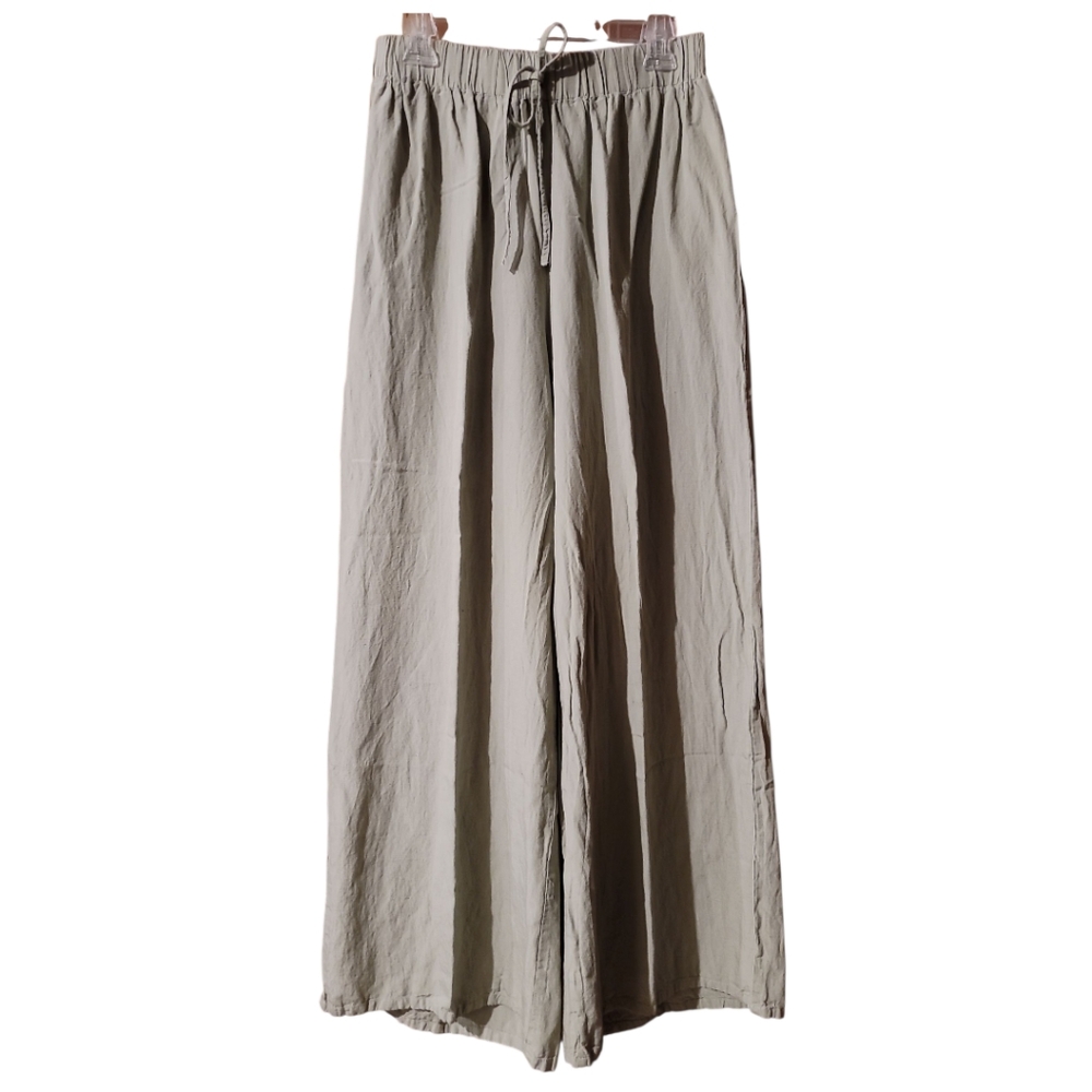BOOHOO pants palazzo womens Lg viscose flax pale olive elastic waist beach